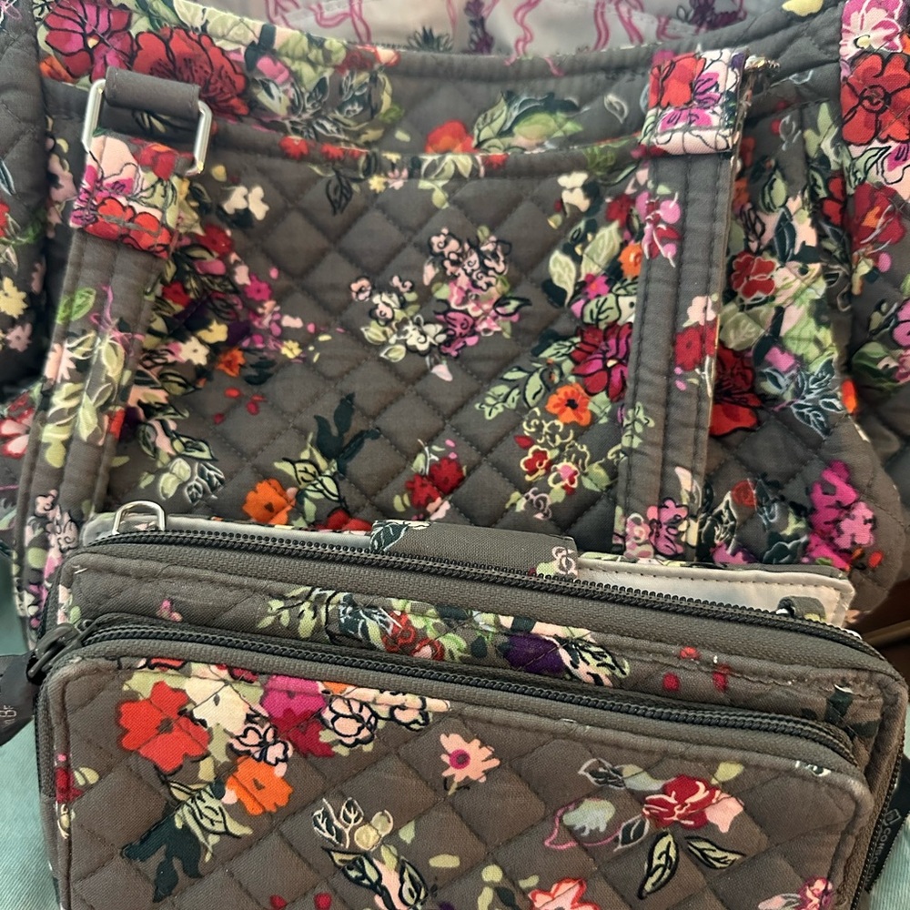Vera Bradley Gray Floral Quilted handbag with wallet.